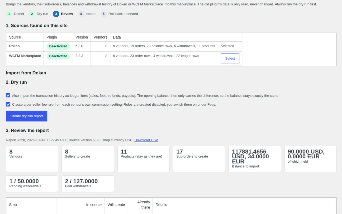 Import sellers wizard: detect Dokan or WCFM Marketplace, dry run, review report with vendors, products and sub-orders to create