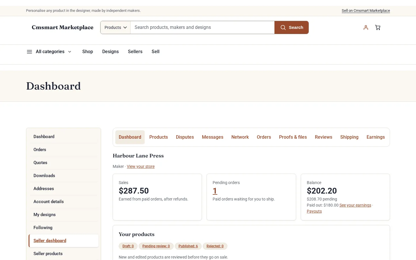 Seller dashboard with what needs the seller, the balance, orders to ship, products on sale and rating, and an Add a product button