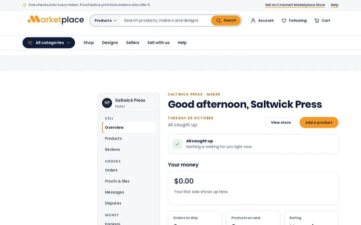 Cmsmart Marketplace seller dashboard with sales, pending orders, balance and product status counts