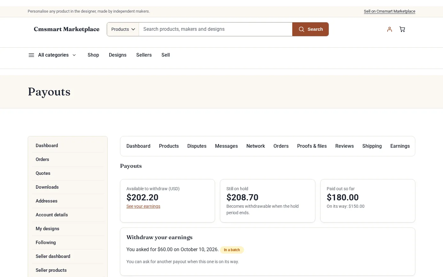 Seller payouts page with available to withdraw, on hold and paid out, and a withdrawal request