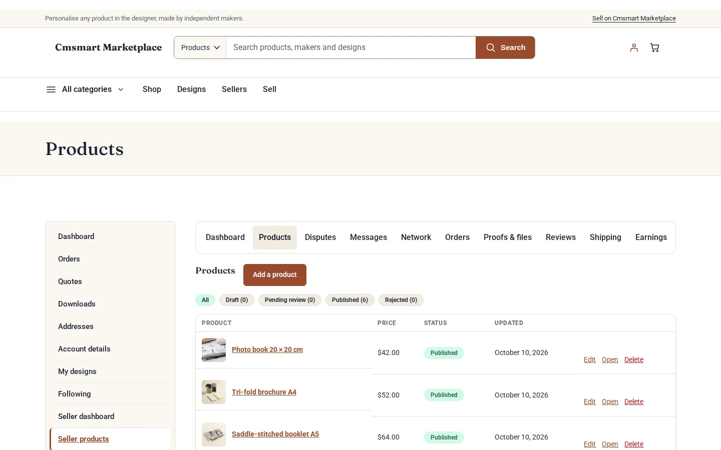 Seller products list with status filters, Published badges, prices, Edit buttons and an Add a product button