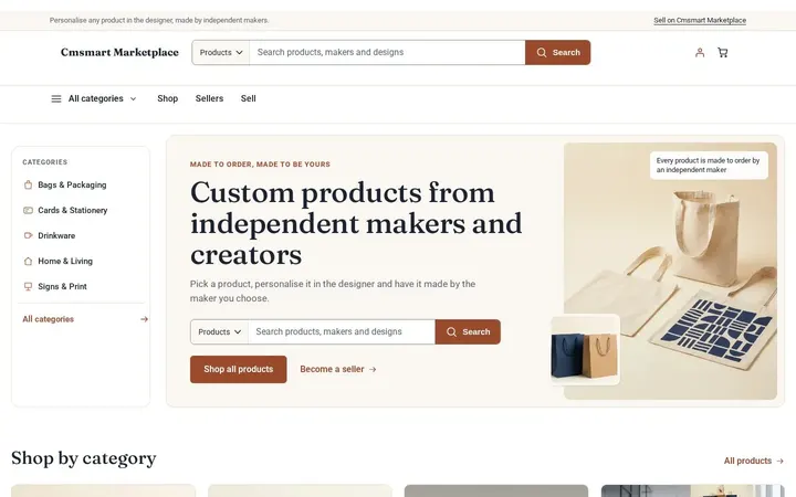 Cmsmart Marketplace Store home page with a category rail and products from several sellers (fictional demo data)