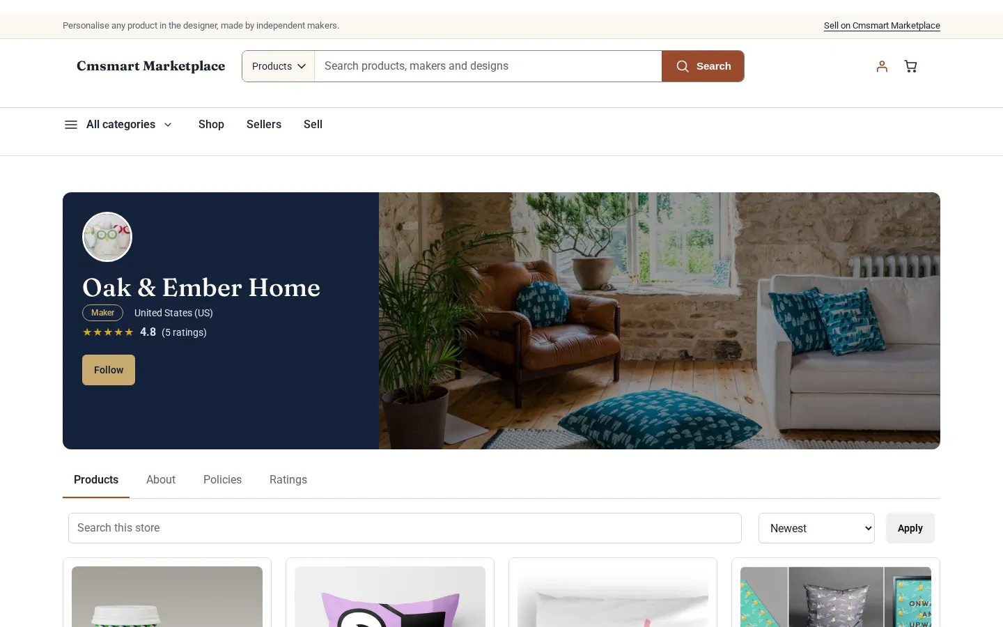 Storefront of a Maker with banner, logo, a Follow button and Products, About, Policies and Ratings tabs