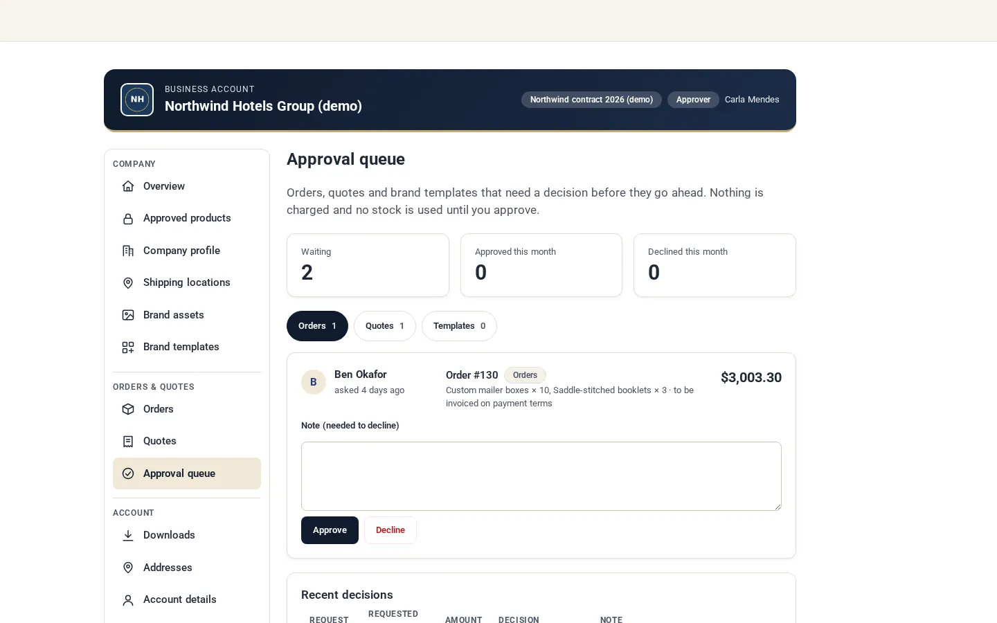 Approval queue where an approver approves or declines an order with a note