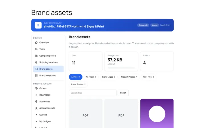 Brand assets library with folders, a storage meter and file filters for the company team