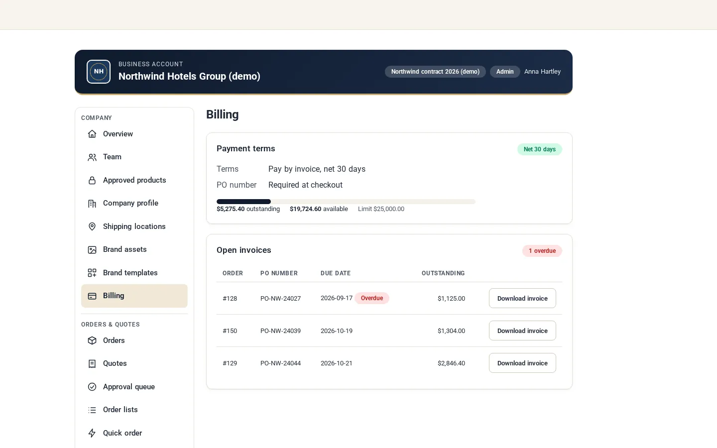 Billing page with payment terms, a credit bar and open invoices with download buttons