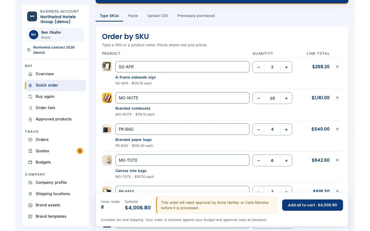 Quick order in the Buyer Account with tabs to type SKUs, paste a list or upload a CSV, pasted lines matched to products at the buyer's prices and one button to add them all to the cart