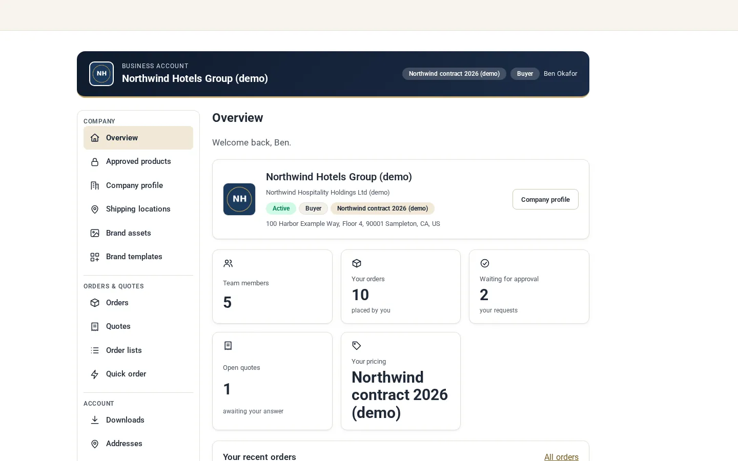 Buyer Account overview with company card, team members, orders, approvals waiting, open quotes and price list