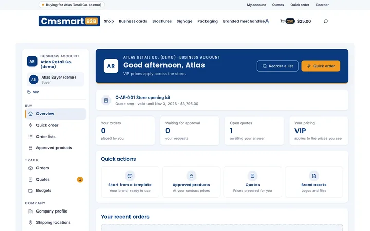Buyer Account overview with the company card, orders, approvals waiting, open quotes, the VIP price list and quick actions