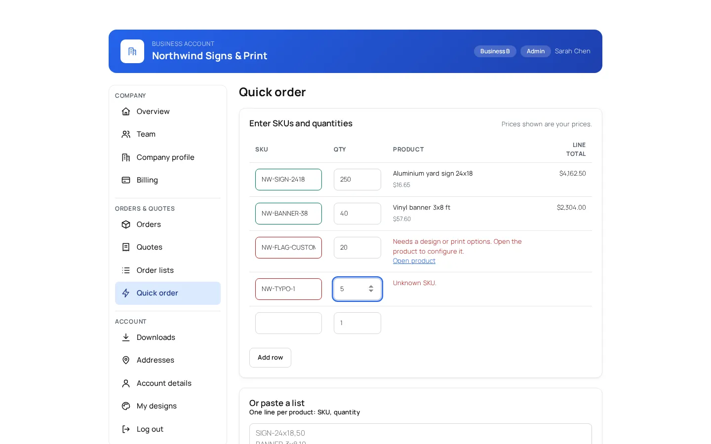 Quick order form where a buyer enters SKUs and quantities and sees line totals