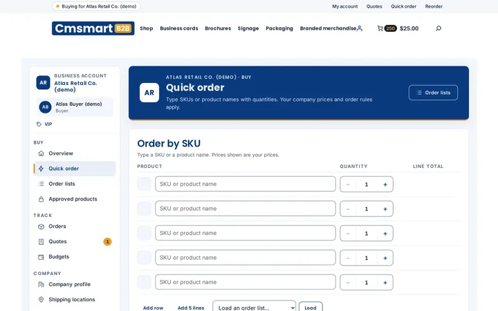 Quick order form where a buyer enters SKUs and quantities and sees line totals