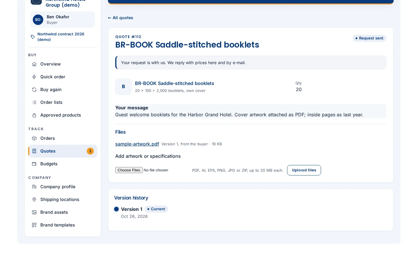 Quote request in the Buyer Account with the buyer's message, an attached artwork PDF, an upload field for more files and the version history
