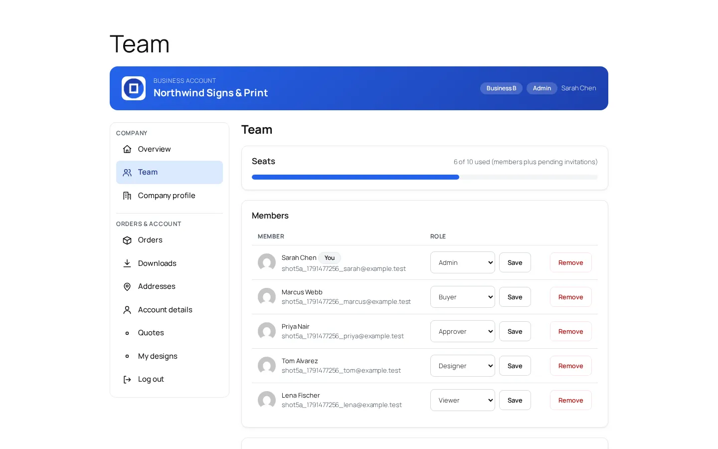 Team page with a seat meter, members and role selectors for admin, buyer, approver and designer
