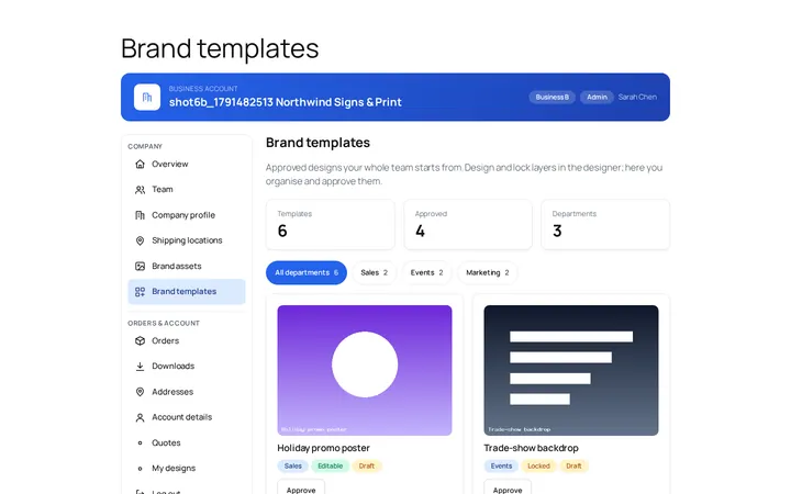 Brand templates page with department filters and locked or editable layer counts