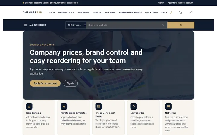 Cmsmart B2B Portal Store home page with business account sign-in (fictional demo data)