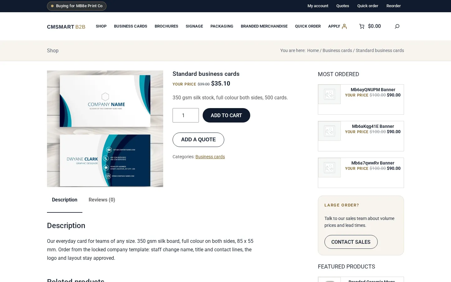 Portal Store product page with the buyer's own price, a volume price table and an Add to cart button