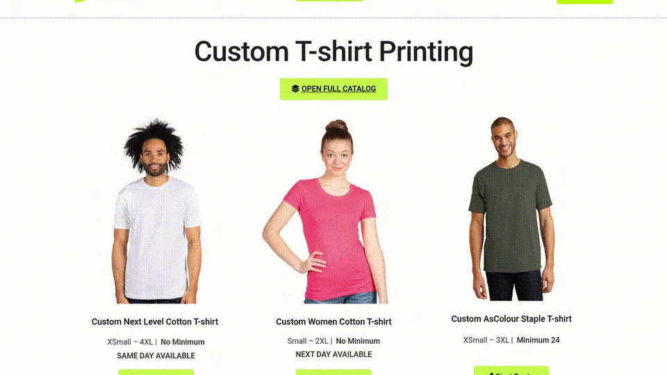 Client storefront for custom T-shirt printing with blank tees in three colours