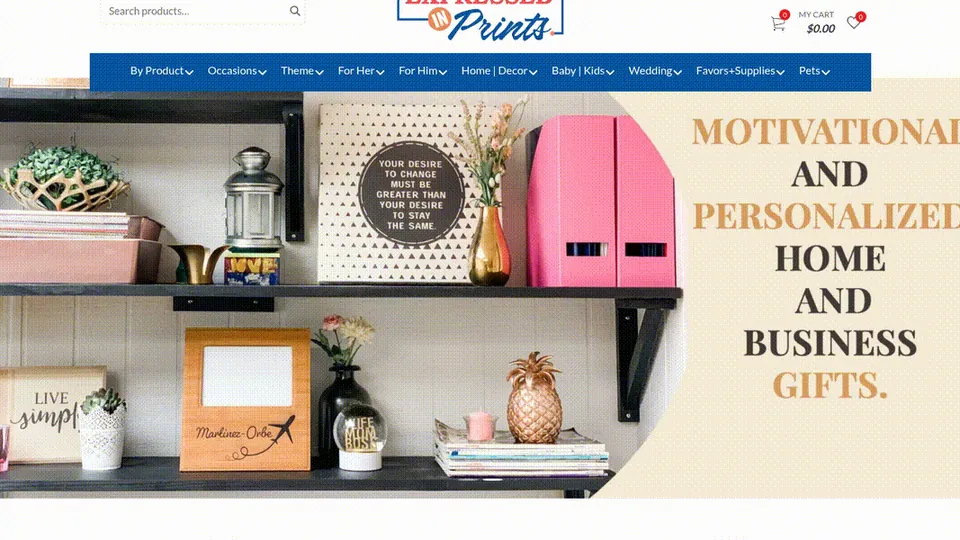 Client storefront selling personalized home and business gifts on styled shelves