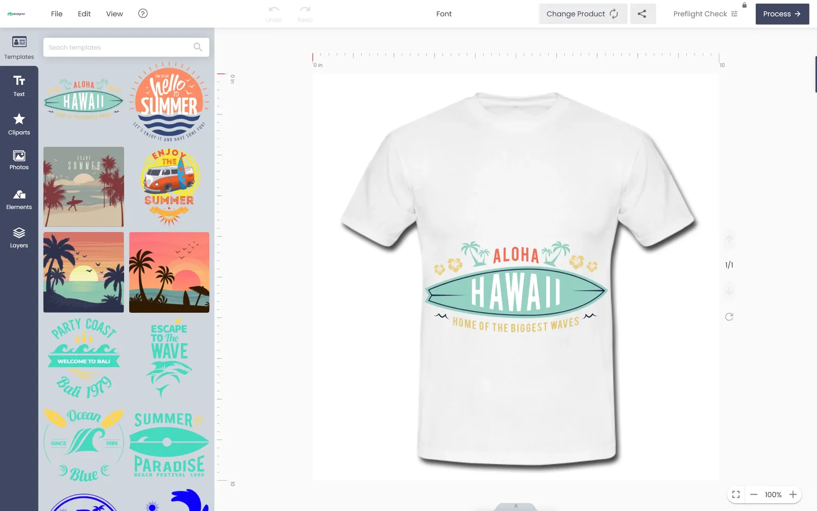 NBDesigner online product designer open on a white t-shirt with a surf graphic, template and clipart panels on the left