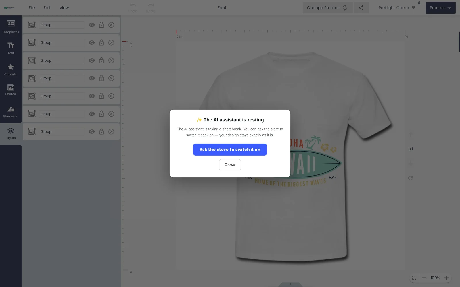 The Cmsmart designer showing The AI assistant is resting with an Ask the store to switch it on button while the design stays on the canvas