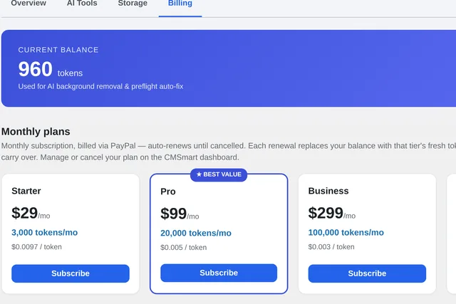 Current balance and plan in Cmsmart Cloud