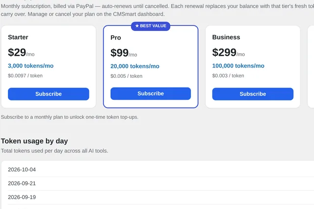 Monthly token plans billed through PayPal