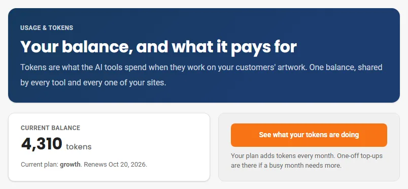 Usage and Tokens in the Cmsmart dashboard: current balance and plan