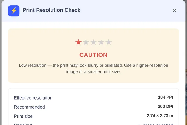Print Resolution Check: 184 PPI, one star, caution, with Auto-fix Upscale