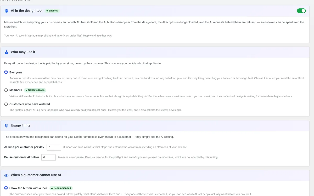 AI Tools in Cmsmart Cloud: master switch, who may use AI with Everyone, Members and Customers who have ordered, and usage limits