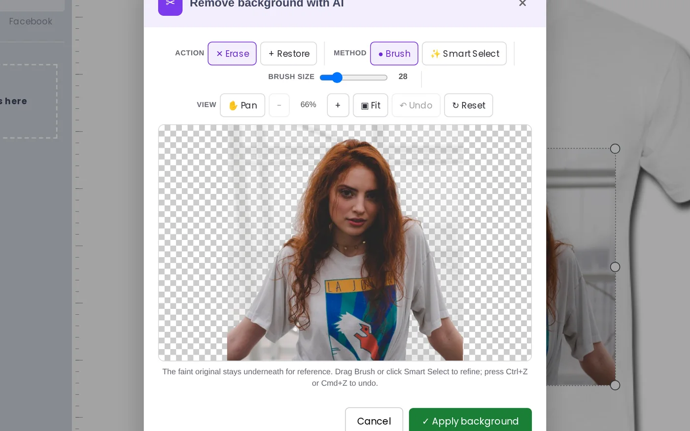 Remove background with AI in the Cmsmart designer: a portrait cut-out on a transparent grid with Erase, Restore and Smart Select refine tools and an Apply background button