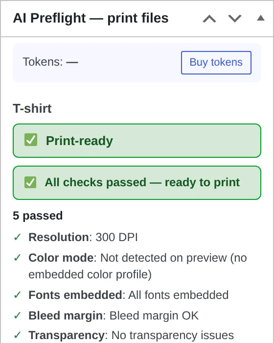 AI Preflight on an order: print-ready, all checks passed, with the five checks listed