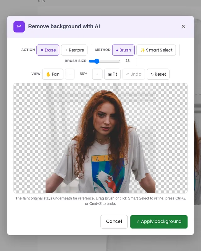 Remove background with AI result on a transparent grid with the Erase and Restore tools