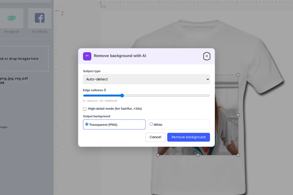 Remove background with AI options dialog: subject type, edge softness, high-detail mode, transparent or white output