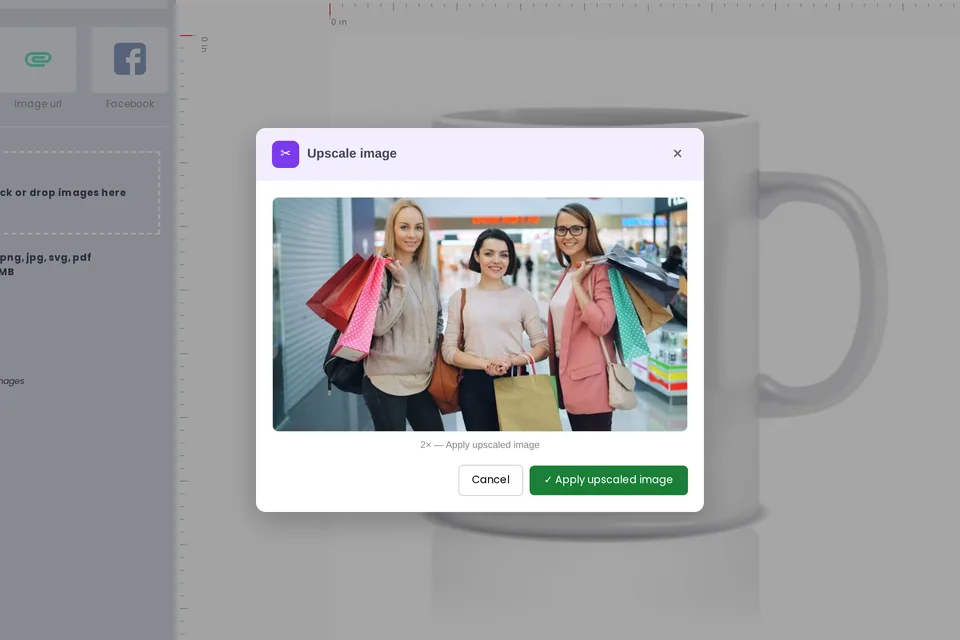 Upscale result preview with Apply upscaled image on a mug