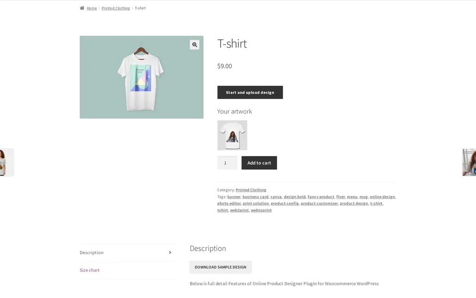 Product page after Process with the AI-edited design saved as Your artwork next to Add to cart