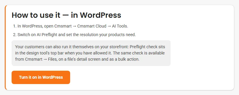 Dashboard steps to switch on an AI tool in WordPress under Cmsmart, Cmsmart Cloud, AI Tools