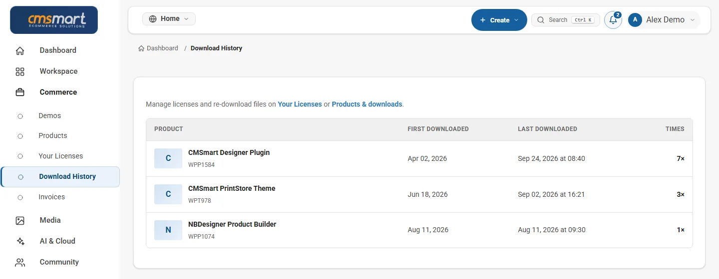 Download history listing plugin versions downloaded