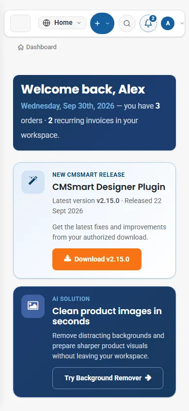 Cmsmart dashboard on mobile: overview