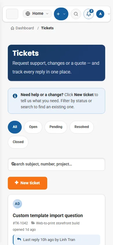 Cmsmart dashboard on mobile: tickets
