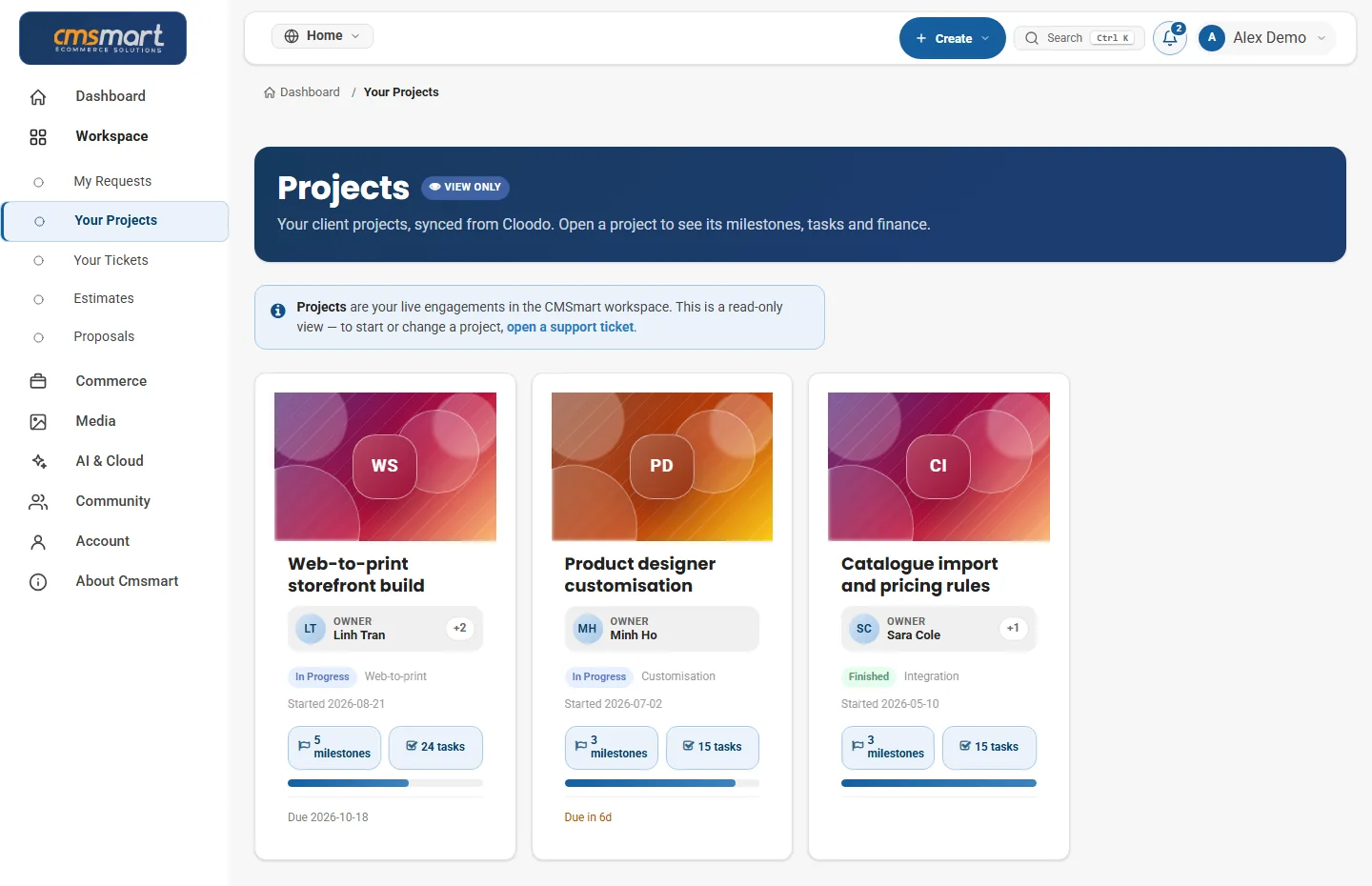 Client project cards with progress, milestones and tasks in the Cmsmart dashboard