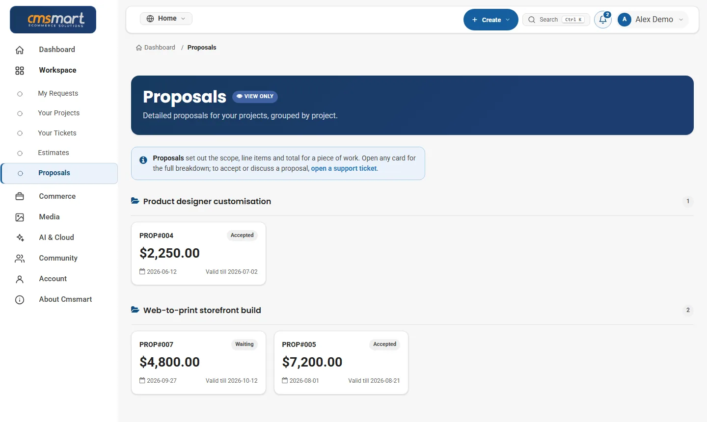 Proposals grouped by project with status, totals and validity dates in the Cmsmart dashboard