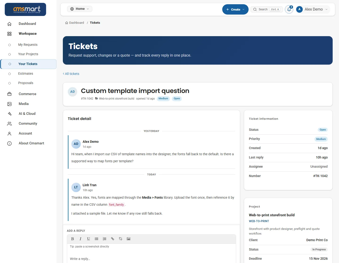 Ticket conversation with project details in the Cmsmart dashboard