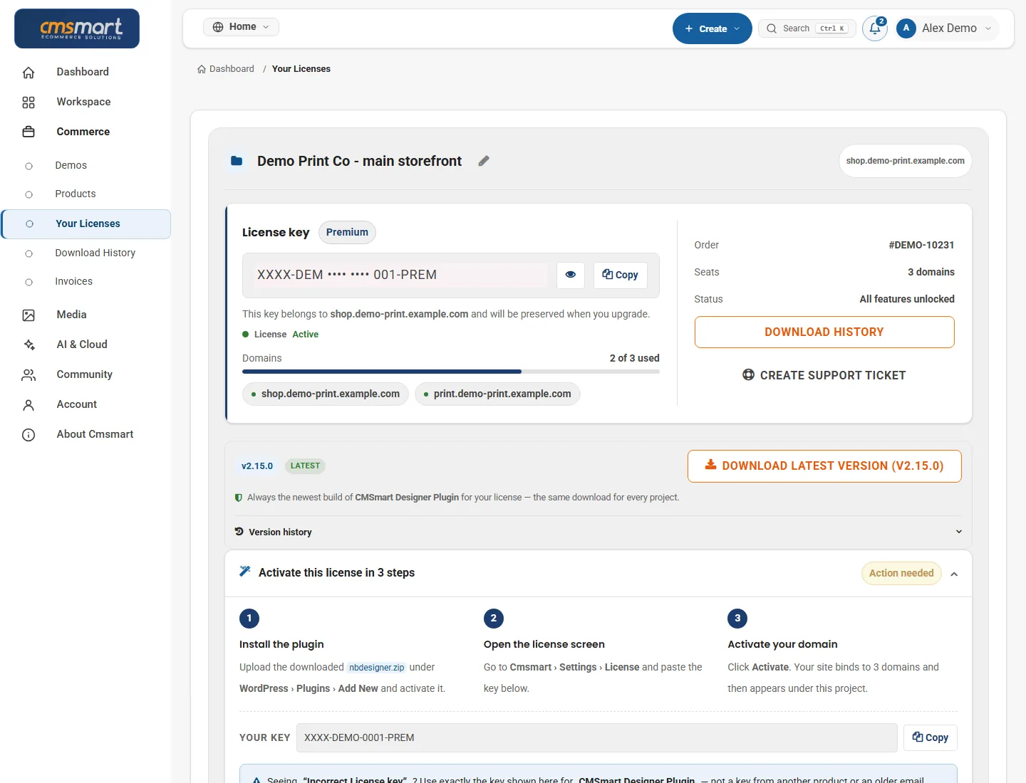 Licence key, activated domains and download for the Cmsmart plugin in the dashboard (demo data)