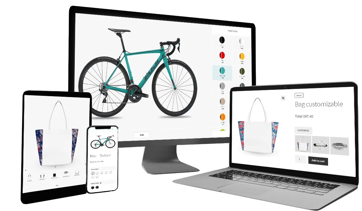 Cmsmart Ecommerce product designer on desktop, laptop and phone, customising a bag and a bike