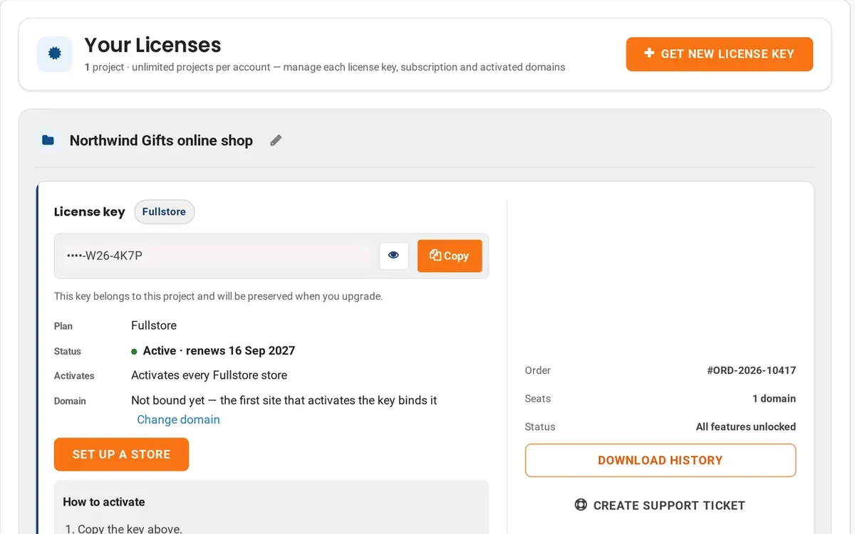 Your Licenses in the Cmsmart dashboard: an active Fullstore key (masked) that renews yearly and activates every Fullstore store