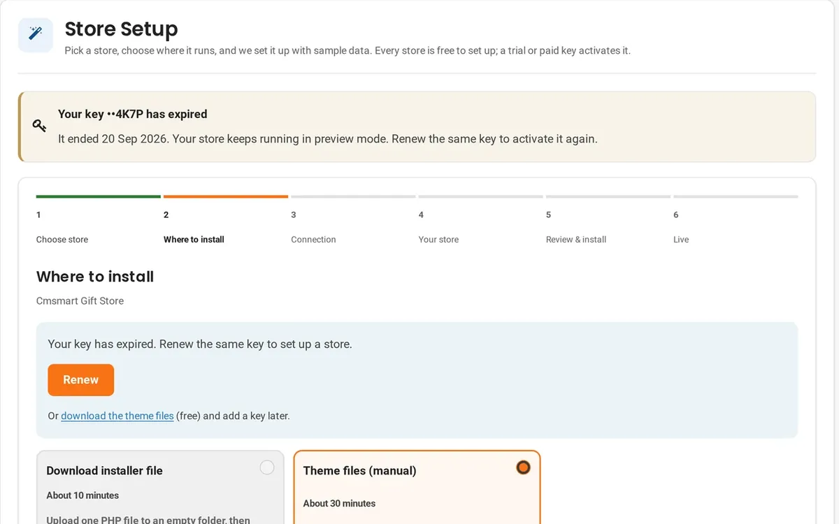 Store Setup with an expired key: the store keeps running in preview mode, and Renew renews the same key