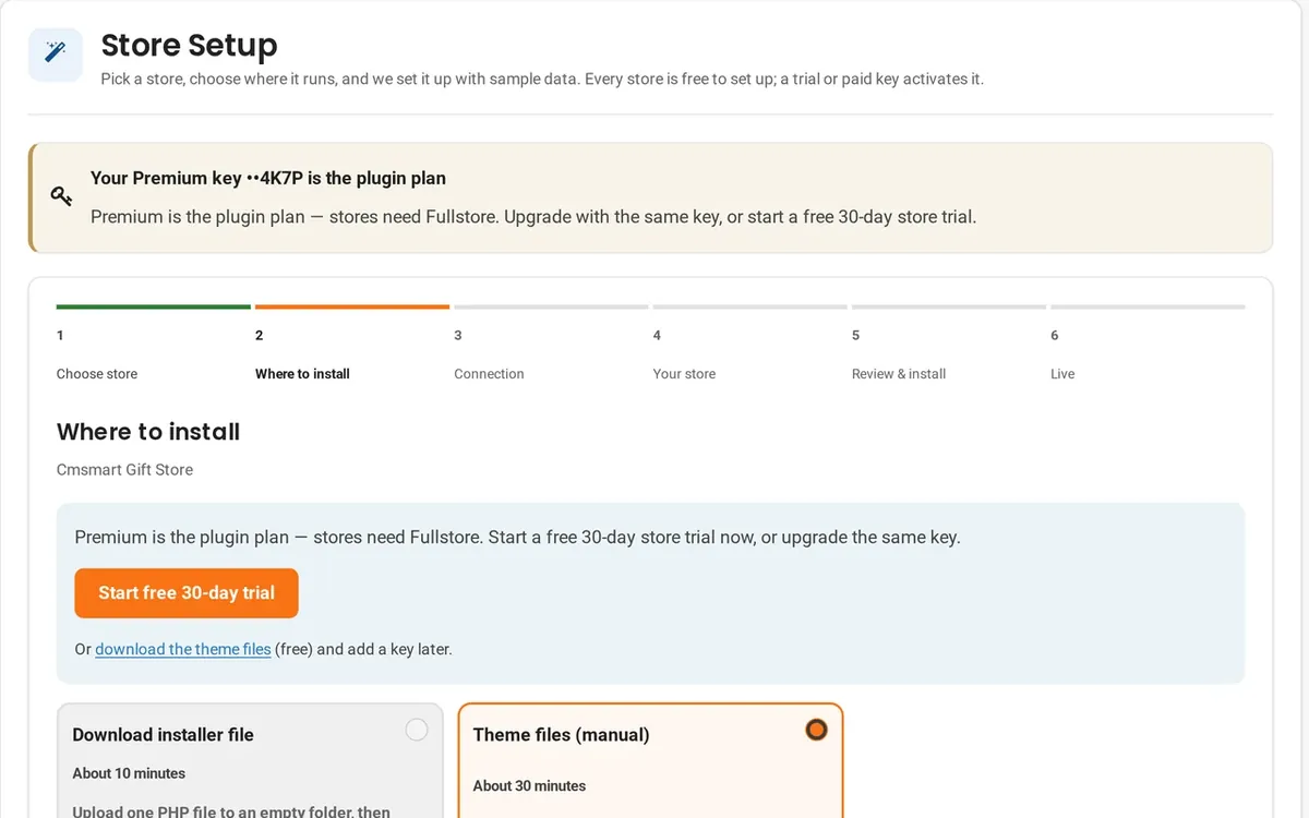 Store Setup with a Premium key: Premium is the plugin plan, stores need Fullstore; start a free 30-day store trial or upgrade the same key