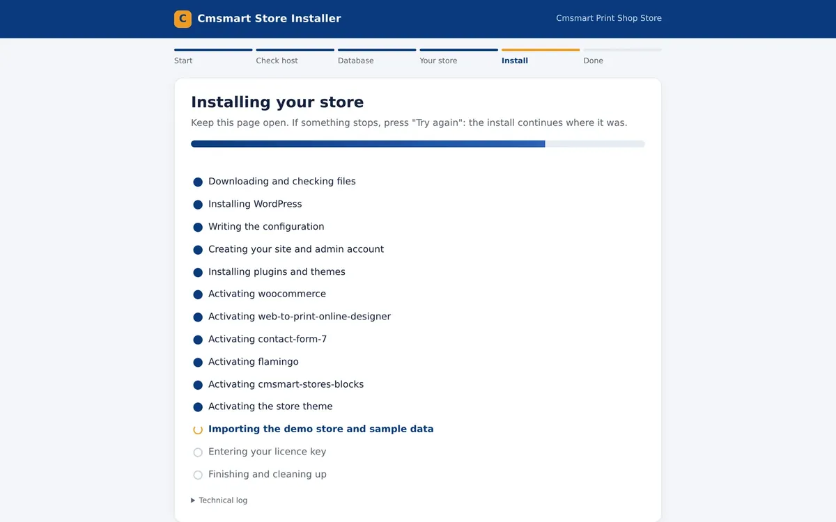 The Cmsmart Store Installer on the host installing a store: WordPress, plugins and the store theme done, the demo store and sample data importing