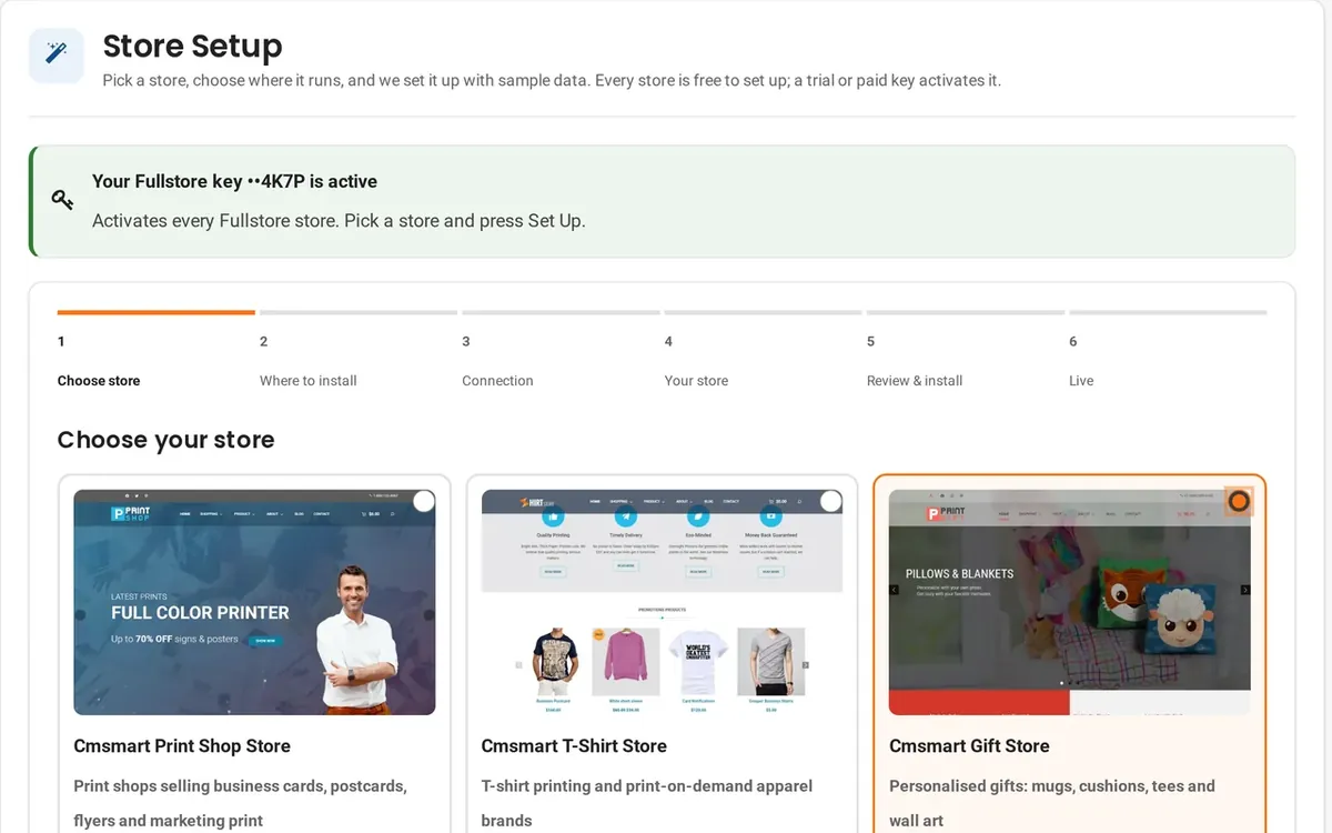 Store Setup step 1 in the Cmsmart dashboard: an active Fullstore key that activates every Fullstore store, and the Cmsmart Gift Store picked from the ready-made stores