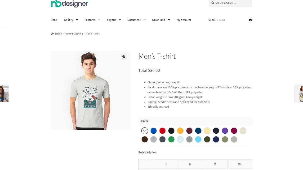 Demo store product page for a printed T-shirt with colour and size options